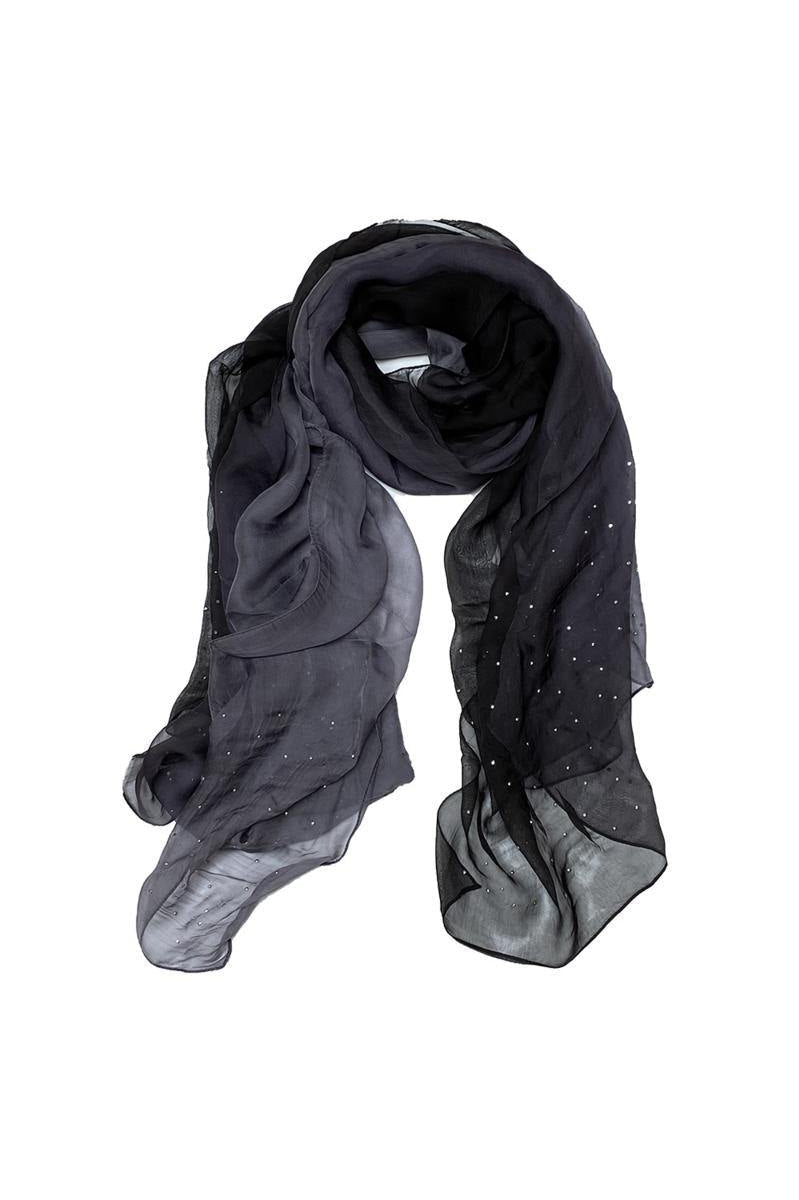 A-zone sjaal degrade voile grijs zwart met strass